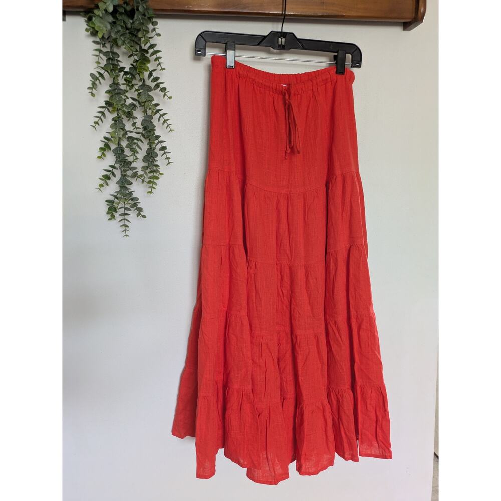 Boho Linen Blend Tiered Maxi Skirt with Drawstring Waist – Vibrant Orange-Red - Picture 4 of 7